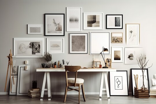 a collection of blank picture frames Interior art gallery featuring photographs or paintings positioned on the desk. Generative AI
