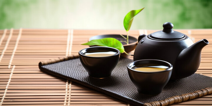 Asian tea set. Japanese teapot and cups on bamboo mat. generative ai. Hot tea in pot and teacups
