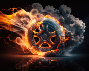 Car wheel smoke and burn after driving at high speed. Generative AI. - obrazy, fototapety, plakaty