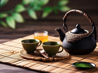 Asian tea set. Japanese teapot and cups on bamboo mat. generative ai. Hot tea in pot and teacups - obrazy, fototapety, plakaty