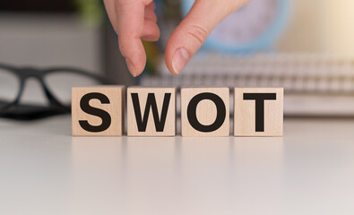 swot word written on wood block. strength weakness opportunity threats text on table, concept