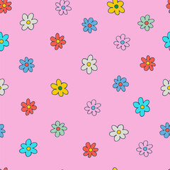Seamless pattern with small colorful flowers in retro style. Retro 60s, 70s design for gift wrap, textile, home decor