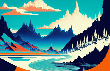 Illustration of a serene natural landscape with majestic mountains and verdant trees created with Generative AI technology