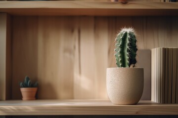 On the left shelf, there is a green cactus in a white little vase, and there is copy space on a wooden background. Generative AI