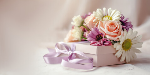 Obraz na płótnie Canvas Bouquet of various flowers lies on a festive box with satin ribbon, light background. Festive composition for Mother's Day, birthday, wedding