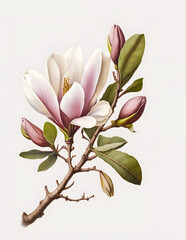 Branch with magnolia flowers. Flowering branch, spring collection. White background, isolated object