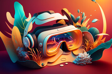 Virtual reality glasses. Modern illustration in a flat and cartoon style. Orange, teal and blue VR technology. Generative AI