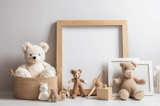 Toys for kids, a bear and a frame on a white wall, for design and layout. infant shower. Generative AI