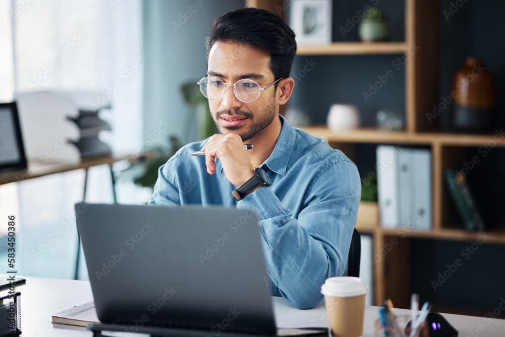 Poster business man thinking at laptop in office for startup management, strategy and agency. male worker p