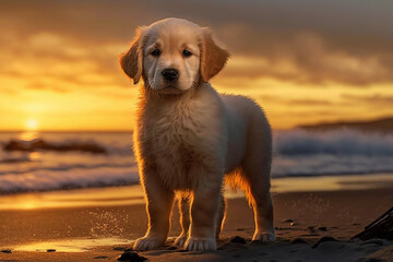 Golden retriever puppy. generative ai. Summer beach dog portrait. Portrait of a golden retriever dog