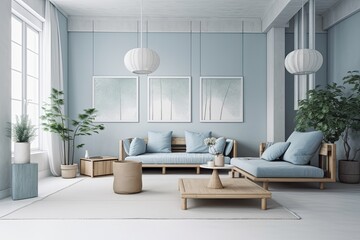 Japandi minimalist living room with frame mockup in white and blue tones. sofa, rattan furniture, and wallpaper. design of a farmhouse interior. Generative AI - obrazy, fototapety, plakaty