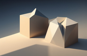 Illustration of a low poly object with a bright light source in the background created with Generative AI technology