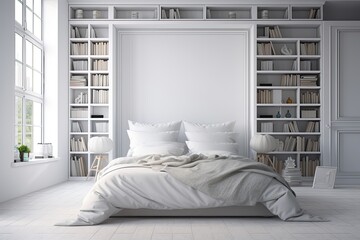 white bedding in a room with a large window and several square bookcases against a gray background. a mockup. Generative AI