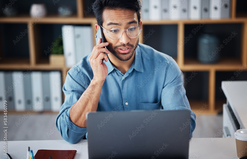 Poster Phone call, serious and businessman planning company growth strategy on mobile conversation as communication. Laptop, cellphone and surprised man startup entrepreneur in discussion at work