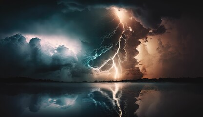 An abstract representation of a weather phenomenon, with lightning bolts, clouds, and raindrops creating a stormy and dramatic background, generative AI