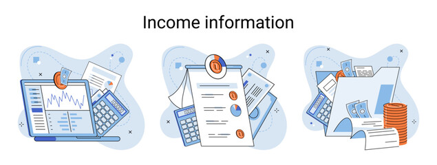 Income information vector set, business profitability indicator, entrepreneurial activity and accounting. Registration of claim form document, providing personal information, financial report for tax