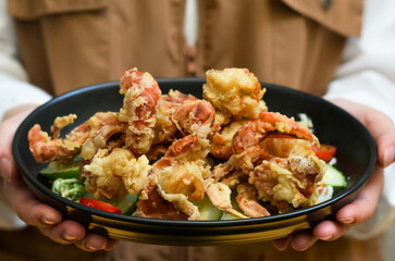 Soft-shell crab salad served with organic lettuce, clean food for health lovers