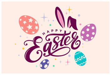 Easter greeting card with eggs, Happy easter printable banner, Easter convention poster, Easter backdrop with colorful eggs, bunny ears & cute happy easter calligraphy lettering