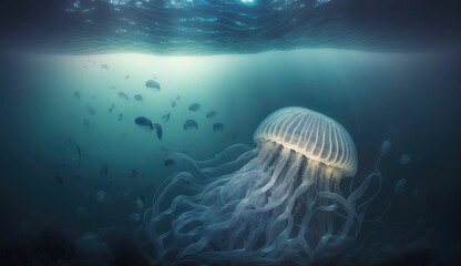 An image of a deep sea world, with glowing jellyfish and undulating waves of light creating a dreamlike and surreal environment. professional color grading, soft shadows, no contrast, generative AI