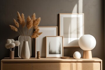vases and a picture frame on a dresser in a well lit room. Generative AI