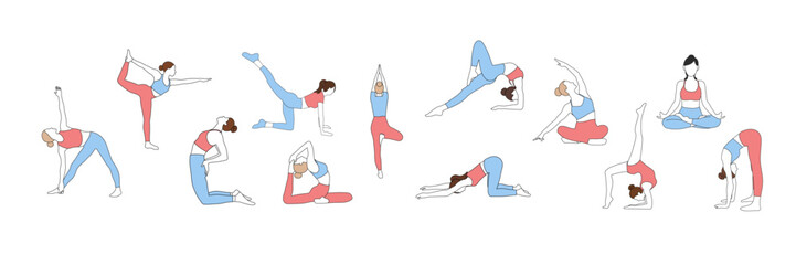 Girls doing sport pilates stretching in blue and pink clothes in different poses set on white background in out line art