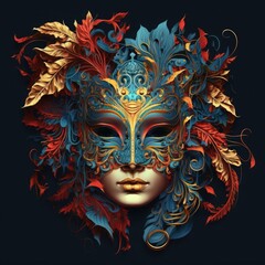 Venetian carnival mask, intricate design and details on a dark background. Front view. Generative AI illustration.