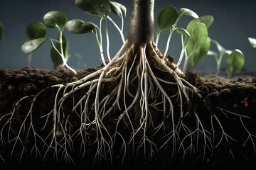 Plant Roots in soil releasing exudates digital render
