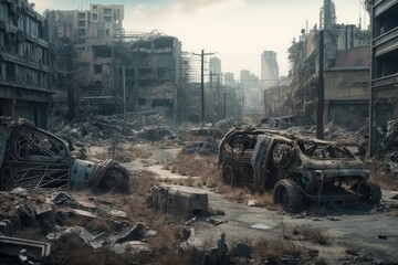 Fototapeta na wymiar A cyberpunk wasteland city with mechanical skeletons decomposing on the ground realistic, generative AI