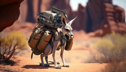 A robotic kangaroo with a bionic pouch, carrying a load of supplies through rugged terrain, demonstrating the practical, generative AI