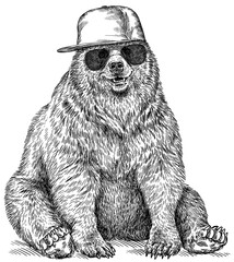 Vintage engrave isolated black bear set dressed fashion illustration ink costume sunglasses sketch. American grizzly background asian animal silhouette glasses hipster hat art