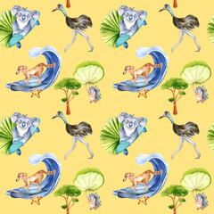 Cartoon animals watercolor seamless pattern isolated on yellow.