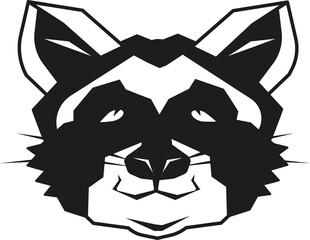 Raccoon head graphic icon in black and white minimalist drawing. Monochrome racoon face for logo and emblem, print design.