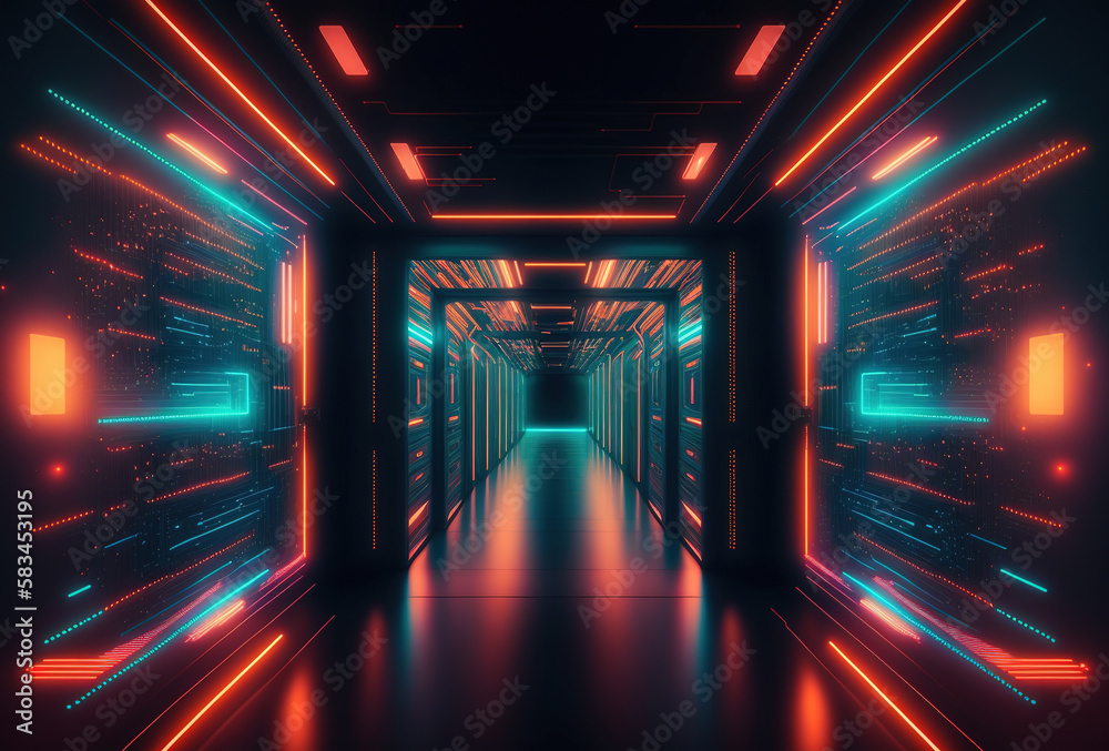 Wall mural a fantastic neon tunnel, the corridor of a spaceship. immersion in virtual reality, artificial intel