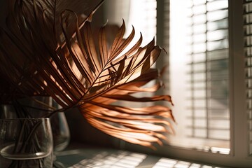 Blurred . A close up of brown, dried palm leaves next to a window in which there is sunlight and lovely foliage leaves casting shadows Background, Tropical, abstract, out of focus, and decor