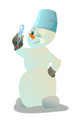 Snowman with thermometer shows severe frost. Funny character smiles. Snow guy. Isolated on white background. Cartoon fun style. Flat design. Vector