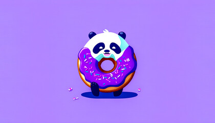 Cartoon illustration with panda and donut, generative AI.