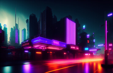 Fototapeta na wymiar Illustration of a bustling urban street at night illuminated by colorful neon lights created with Generative AI technology