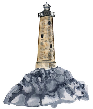 Old lighthouse on the rock watercolor illustration. Hand drawn realistic image of a retro building on the seashore