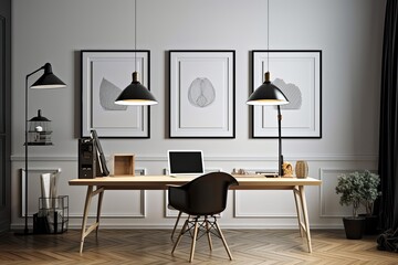 In a chic home office with a classic workplace and a white vase on parquet flooring, three white blank posters are mounted in a black frame on a grey wall. an example. Generative AI