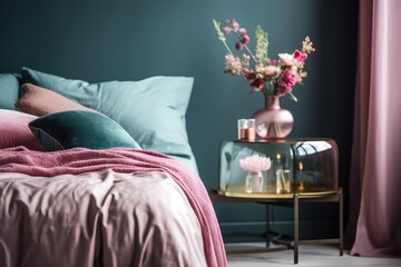Flowers in a chic glass vase are placed next to a comfortable bed with blue and beige bedding on a DIY velvet covered nightstand in pastel pink and burgundy. Generative AI