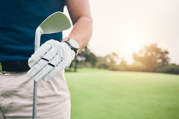 Hand, golf course and stick on grass with space for mockup, summer sports and outdoor sunshine. Golfer man, holding club and mock up for sport, fitness and training on field for professional career