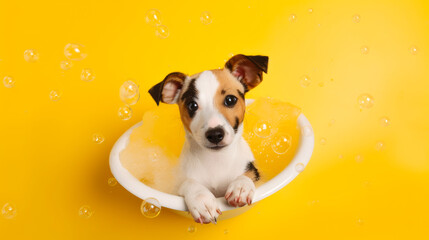 Cute puppy dog soaking in a bathtub , Generative Ai