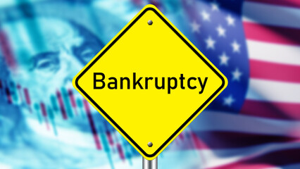 Bankruptcy logo. Closing bank in US. Crisis diagram near Franklin. Collapse of american banks. Crisis USA after losing liquidity. Bankruptcy due to increase in rate of US federal reserve. 3d image