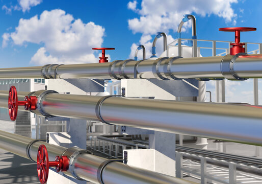 Gas pipeline. Oil pipes under blue sky. Pipeline with red valves. Pipes for importing gas and oil. Transportation of energy resources through pipeline. Industrial equipment. 3d image