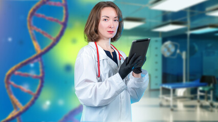 Woman doctor. Geneticist girl with tablet. Doctor in genetic laboratory. Study of DNA diseases....