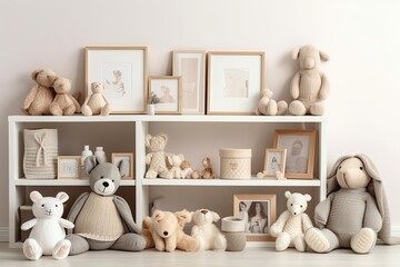 Photo frames and plush toys are on a shelf. Child friendly interior design. Generative AI