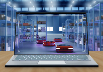 Automated guided vehicles. Warehouse robots in laptop screen. Tracking amr via company. Automated guided vehicles to move racks. Robotization of warehouse processes. Autonomous warehouse. 3d image
