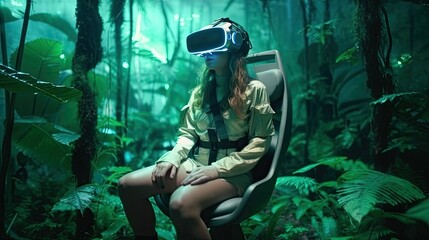 Virtual Reality Experience: Young Girl Wearing VR Headset Immerses Herself in Digital Worlds | High-Quality Stock Photo