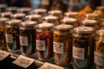 spices and herbs in a shop in different colors
