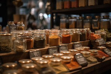 Fototapeta na wymiar spices and herbs in a shop in different colors 